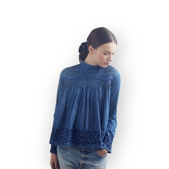 Needle & Thread Blue Denim Long Sleeve Blouse NWT - Picture 1 of 15